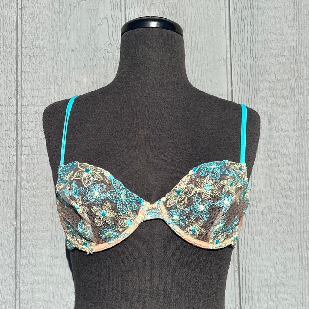 Cosabella Sheer Floral Embroidered Bra in Blue and Beige, 34C